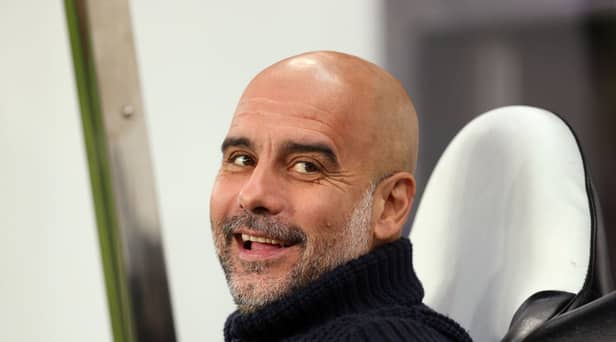  Pep Guardiola, Manager of Manchester City, smiles as he looks on prior to the Carabao Cup Third Round match between Newcastle United and Manchester City at St James’ Park on September 27, 2023 in Newcastle upon Tyne, England. (Photo by George Wood/Getty Images)