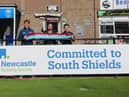 Left to right, South Shields FC head of merchandise and partnerships Harry Duwell, Newcastle Building Society area manager David Pearson and South Shields FC head of media and communications Daniel Prince.