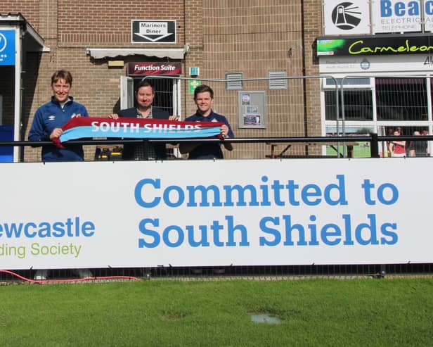 Left to right, South Shields FC head of merchandise and partnerships Harry Duwell, Newcastle Building Society area manager David Pearson and South Shields FC head of media and communications Daniel Prince.