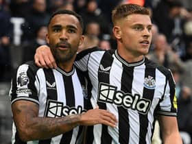 Newcastle United’s English striker #09 Callum Wilson (L) and Newcastle United’s English midfielder #15 Harvey Barnes react after Wilson’s goal was disallowed, during the English Premier League football match between Newcastle United and Brentford at St James’ Park in Newcastle-upon-Tyne, north east England on September 16, 2023. (Photo by Paul ELLIS / AFP) 