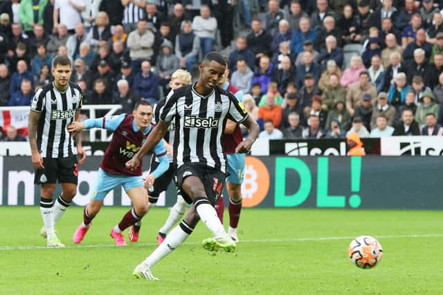 Alexander Isak of Newcastle United scores the team’s second goal from a penalty during the Premier League match between Newcastle United and Burnley FC at St. James Park on September 30, 2023 in Newcastle upon Tyne, England. (Photo by Nigel Roddis/Getty Images)
