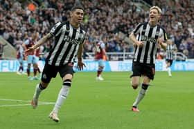 Miguel Almiron of Newcastle United celebrates after scoring the team’s first goal during the Premier League match between Newcastle United and Burnley FC at St. James Park on September 30, 2023 in Newcastle upon Tyne, England. 