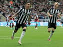 Miguel Almiron of Newcastle United celebrates after scoring the team’s first goal during the Premier League match between Newcastle United and Burnley FC at St. James Park on September 30, 2023 in Newcastle upon Tyne, England. 