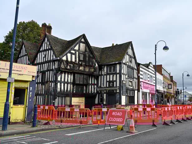 The Greyhound and Punch Bowl on Bilston High Street was badly damaged by fire, which police are treating as arson. 1st October 2023.  See SWNS story SWLNpub. Another historical 'wonky' pub has been hit by a suspected arson attack - just five miles from the Crooked House. (Credit: SWNS)