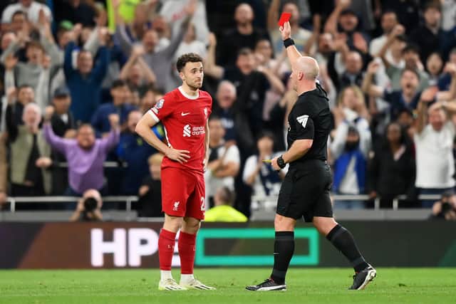 Diogo Jota is shown a red card for Liverpool by Simon Hooper. 