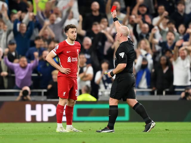 Simon Hooper sends off Diogo Jota in Liverpool's 2-1 defeat against Tottenham Hotspur. 