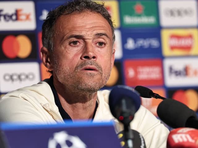 Paris Saint-Germain's Spanish head coach Luis Enrique  attends a press conference at St James's Park stadium in Newcastle-upon-Tyne, north east England on October 3, 2023, on the eve of their UEFA Champions League group F football match against Newcastle United. (Photo by FRANCK FIFE / AFP) (Photo by FRANCK FIFE/AFP via Getty Images)