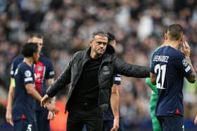 Luis Enrique, Manager of Paris Saint-Germain, consoles Lucas Hernandez of Paris Saint-Germain at full-time following the UEFA Champions League match between Newcastle United FC and Paris Saint-Germain at St. James Park on October 04, 2023 in Newcastle upon Tyne, England. (Photo by Michael Regan/Getty Images)