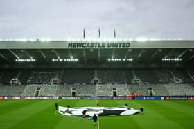A general view inside the stadium as a UEFA Champions League logo is seen on the pitch prior to the UEFA Champions League match between Newcastle United FC and Paris Saint-Germain at St. James Park on October 04, 2023 in Newcastle upon Tyne, England. (Photo by Michael Regan/Getty Images)