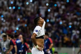 Corinthians’ midfielder Wesley Gassova reacts after losing the all-Brazilian Copa Sudamericana semifinal second leg football match between Fortaleza and Corinthians, at the Arena Castelao stadium in Fortaleza, Brazil, on October 3, 2023. (Photo by Thiago Gadelha / AFP) 