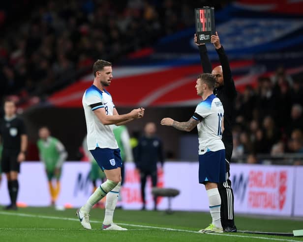 Jordan Henderson gives the captains armband to Kieran Trippier of England as they are substituted during the international friendly match between England and Australia at Wembley Stadium (Photo by Justin Setterfield/Getty Images)