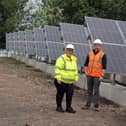 Cllr Tracey Dixon, Leader of South  Tyneside Council, with Paul Quinn, Contracts Manager for Colloide, at the solar farm in Jarrow. Photo: South Tyneside Council.