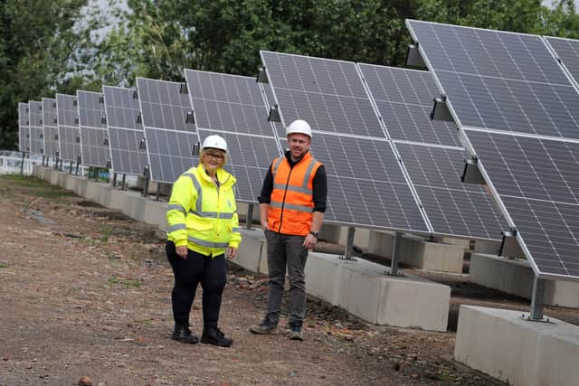 Cllr Tracey Dixon, Leader of South  Tyneside Council, with Paul Quinn, Contracts Manager for Colloide, at the solar farm in Jarrow. Photo: South Tyneside Council.