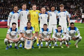 (front row from L to R) England’s midfielder #04 Declan Rice, England’s striker #09 Harry Kane, England’s defender #03 Kieran Trippier, England’s midfielder #07 Phil Foden, England’s striker #11 Marcus Rashford (back row from L to R) England’s defender #02 Kyle Walker, England’s defender #06 Harry Maguire, England’s goalkeeper #01 Jordan Pickford, England’s midfielder #08 Kalvin Phillips, England’s midfielder #10 Jude Bellingham and England’s defender #06 Harry Maguire pose for team photo prior to the Euro 2024 qualifying group C football match between England and Italy at Wembley, in London, on October 17, 2023. (Photo by Glyn KIRK / AFP) 