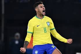 Bruno Guimaraes of Brazil reacts during the FIFA World Cup 2026 Qualifier match between Uruguay and Brazil at Centenario Stadium on October 17, 2023 in Montevideo, Uruguay. (Photo by Guillermo Legaria/Getty Images)