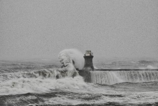 Historic South Shields lighthouse destroyed by huge waves as Storm Babet batters Britain, 20/10/23. 
