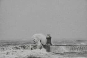 Historic South Shields lighthouse destroyed by huge waves as Storm Babet batters Britain, 20/10/23.