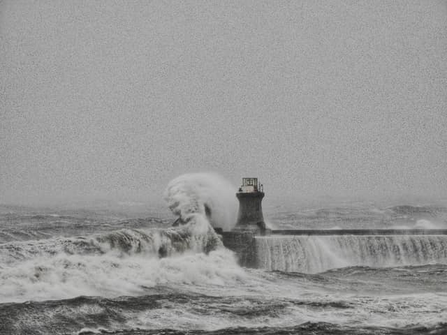 Historic South Shields lighthouse destroyed by huge waves as Storm Babet batters Britain, 20/10/23.