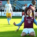 Paul Blackett celebrates after opening the scoring in South Shields’ 2-0 home win against King’s Lynn Town (photo Kevin Wilson)