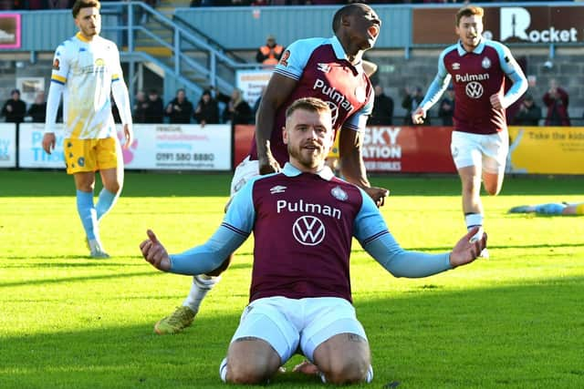 Paul Blackett celebrates after opening the scoring in South Shields’ 2-0 home win against King’s Lynn Town (photo Kevin Wilson)