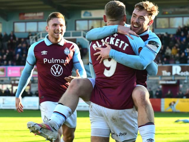 Paul Blackett celebrates with his South Shields team-mates after scoring the opening goal in the Mariners home win against Kings Lynn Town (photo Kevin Wilson)