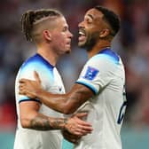  Kalvin Phillips and Callum Wilson of England celebrate their 3-0 victory in the FIFA World Cup Qatar 2022 Group B match between Wales and England at Ahmad Bin Ali Stadium on November 29, 2022 in Doha, Qatar. (Photo by Francois Nel/Getty Images)