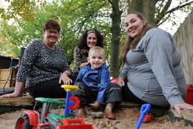 Cllr Jane Carter, with Sarah Minhinnett, Sarah’s son Sean and nursery manager Emma Hartley. Photo: South Tyneside Council.