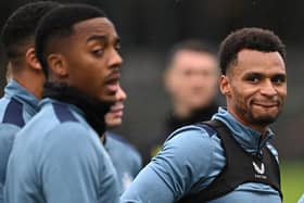 Newcastle United’s English midfielder #23 Jacob Murphy (R) and Joe Willock (L) attend a training session at the team’s training facility in Newcastle-upon-Tyne, northeast England, on October 24, 2023 on the eve of their UEFA Champions League group F football match against Borussia Dortmund. (Photo by Oli SCARFF / AFP) (Photo by OLI SCARFF/AFP via Getty Images)