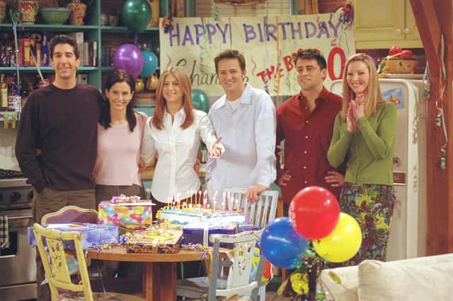 Cast of Friends pictured (L to R): David Schwimmer as Ross Geller, Courteney Cox as Monica Geller, Jennifer Aniston as Rachel Green, Matthew Perry as Chandler Bing, Matt LeBlanc as Joey Tribbiani and Lisa Kudrow as Phoebe Buffay.