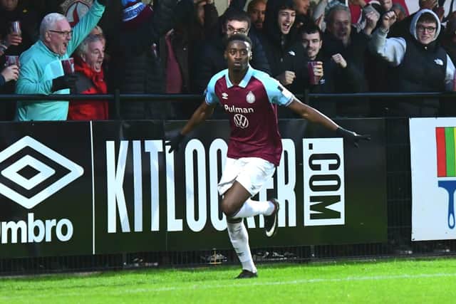 Jordy Mongoy celebrates after scoring in South Shields 1-0 win against Tamworth (photo Kevin Wilson)