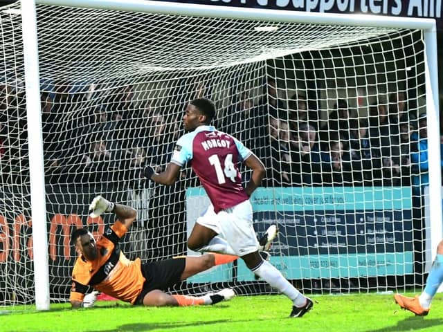 Jordy Mongoy heads the only goal of South Shields 1-0 home win against Tamworth (photo Kevin Wilson)