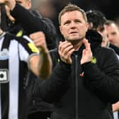 Newcastle United’s English head coach Eddie Howe applauds fans on the pitch after the English Premier League football match between Newcastle United and Arsenal at St James’ Park in Newcastle-upon-Tyne, north east England on November 4, 2023. Newcastle won the game 1-0. (Photo by Oli SCARFF / AFP)