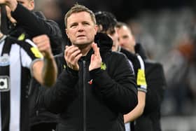 Newcastle United’s English head coach Eddie Howe applauds fans on the pitch after the English Premier League football match between Newcastle United and Arsenal at St James’ Park in Newcastle-upon-Tyne, north east England on November 4, 2023. Newcastle won the game 1-0. (Photo by Oli SCARFF / AFP)