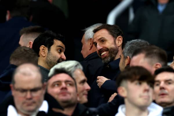 Mehrdad Ghodoussi Co-Owner of Newcastle United talks to Gareth Southgate, Manager of England during the Premier League match between Newcastle United and Arsenal FC at St. James Park on November 04, 2023 in Newcastle upon Tyne, England. (Photo by Ian MacNicol/Getty Images)