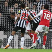 Gabriel of Arsenal is challenged by Jolinton of Newcastle United during the Premier League match between Newcastle United and Arsenal FC at St. James Park on November 04, 2023 in Newcastle upon Tyne, England. (Photo by Ian MacNicol/Getty Images)