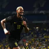  Joelinton of Brazil celebrates after scoring the team’s first goal during an International Friendly match between Brazil and Guinea at Stage Front Stadium on June 17, 2023 in Barcelona, Spain. (Photo by Alex Caparros/Getty Images)