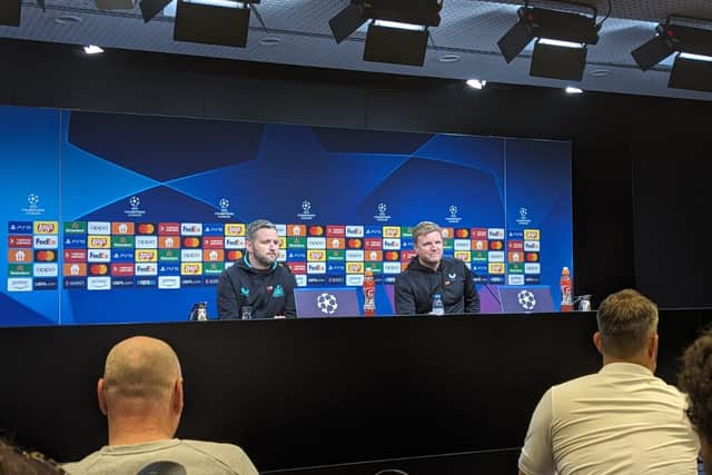 Eddie Howe speaks to the media at the Signal Iduna Park.  