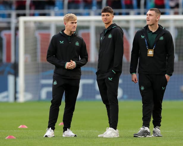  Lewis Hall (L), Lewis Miley (C) and Aidan Harris (R) of Newcastle United inspect the pitch prior to the UEFA Champions League Group F match between AC Milan and Newcastle United FC at Stadio Giuseppe Meazza on September 19, 2023 in Milan, Italy. (Photo by Emilio Andreoli/Getty Images)