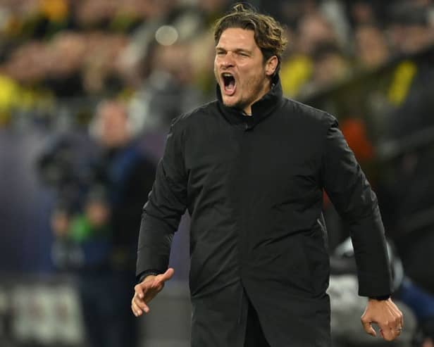 Dortmund’s German head coach Edin Terzic reacts from the sidelines during the UEFA Champions League Group F football match between BVB Borussia Dortmund and Newcastle United FC in Dortmund, western Germany on November 7, 2023. (Photo by INA FASSBENDER / AFP) 