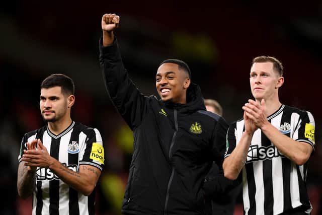 Newcastle United midfield pair Bruno Guimaraes and Joe Willock with Emil Krafth (right). (Photo by Stu Forster/Getty Images)