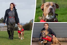 Josie Shanaham fears that her XL Bully assistance dog, Mars, will be taken from her under new rules for the dog breed coming into place next year. (Credit: SWNS)