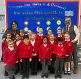 Pupils from St Joseph’s Catholic Primary School, Jarrow, pictured with
headteacher Paul Craig and deputy headteacher Kate Bertram.
Credit: SASS Media 