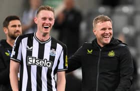 Sean Longstaff and Eddie Howe after the win over PSG at St James' Park. 