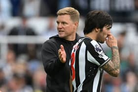 Sandro Tonali and Eddie Howe, Manager of Newcastle United, react after the team's victory in the Premier League match between Newcastle United and Aston Villa.(Photo by Stu Forster/Getty Images)