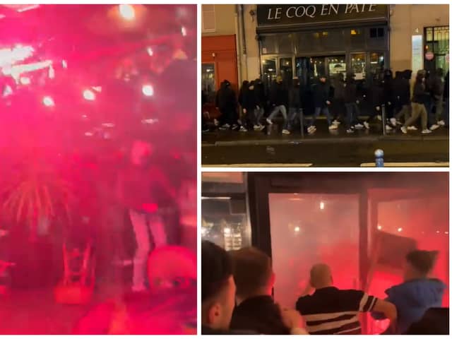 Screenshots of Paris Saint-Germain Ultras clashing with Newcastle United fans in Paris on Monday night (photos: Twitter, @footydump, Alex Waters, Stella Crew)