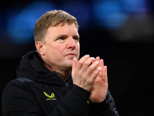 Eddie Howe, Manager of Newcastle United claps the fans after the UEFA Champions League match between Paris Saint-Germain and Newcastle United FC at Parc des Princes on November 28, 2023 in Paris, France. (Photo by Justin Setterfield/Getty Images)