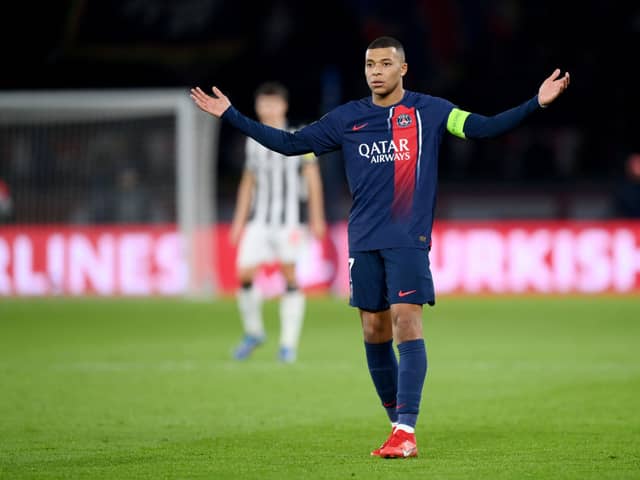 Kylian Mbappe of Paris Saint-Germain reacts during the UEFA Champions League match between Paris Saint-Germain and Newcastle United FC at Parc des Princes on November 28, 2023 in Paris, France. (Photo by Justin Setterfield/Getty Images)