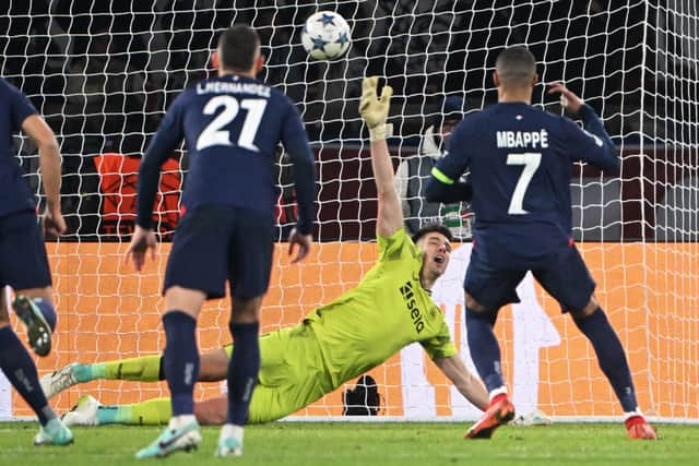 Kylian Mbappe scores a penalty against Newcastle United. 