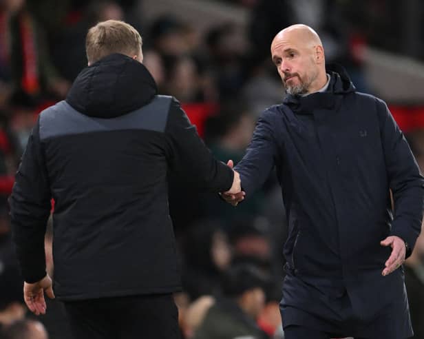Eddie Howe and Erik ten Hag shake hands after Newcastle United's 3-0 win over Manchester United. 