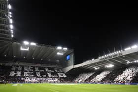 A general view inside the stadium as fans of Newcastle United display banners prior to the UEFA Champions League match between Newcastle United FC and Paris Saint-Germain at St. James' Park. (Photo by Stu Forster/Getty Images)